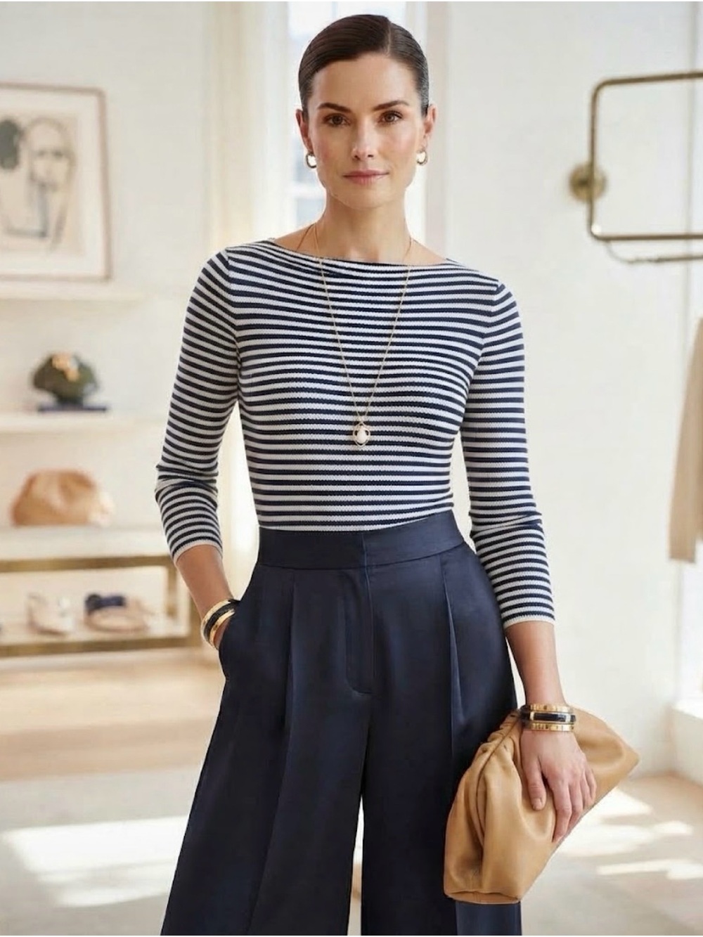 Lauren Ralph Lauren Navy & White Striped 100% Cotton Boatneck Sweater Large